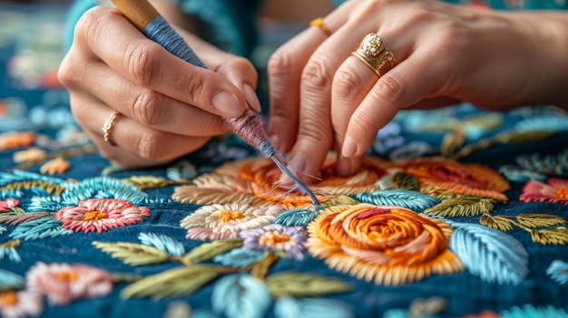 artist stitching floral embroidery